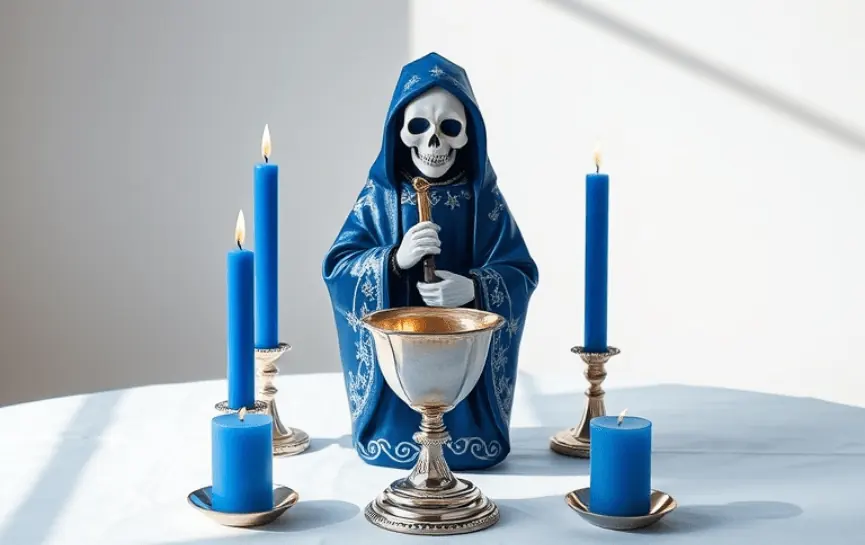 La Santa Muerte Azul: Una figura de la Santa Muerte Azul portando un cáliz brillante, rodeada por cuatro velas azules encendidas en candelabros plateados. El altar está decorado de manera sencilla, iluminado por la luz natural.