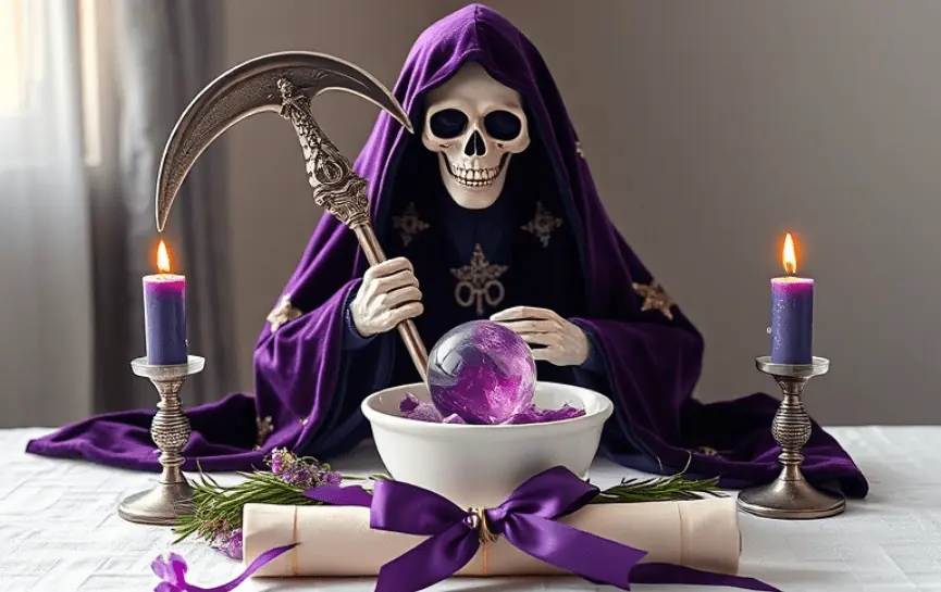 Imagen de La Santa Muerte Morada: Una figura de la Santa Muerte Morada con una guadaña adornada, junto a un cuenco blanco con una esfera púrpura, rodeada de velas moradas encendidas y decoraciones florales, sobre un altar sencillo decorado con lazos morados.