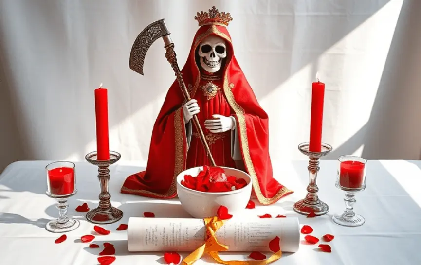 La Santa Muerte Roja: Una estatua de la Santa Muerte Roja con una corona dorada, portando una guadaña, acompañada de tres velas rojas encendidas, pétalos de rosas rojas y un pergamino enrollado con cinta dorada, decorando un altar iluminado por la luz natural.