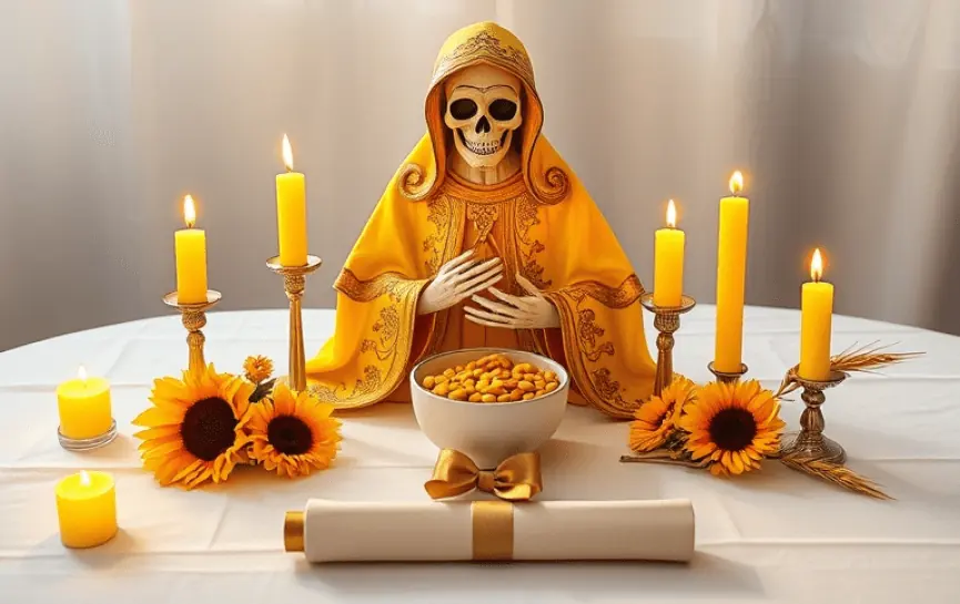 La Santa Muerte Amarilla 10 La Santa Muerte amarilla: Una figura de la Santa Muerte amarilla rodeada de cinco velas encendidas, girasoles y un bol con granos dorados, junto a un pergamino decorado, sobre un altar blanco decorado con elegancia.
