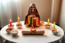 Oración Poderosa a la Santa Muerte 7 Potencias: Estatua de la Santa Muerte con túnica multicolor, rodeada de velas encendidas y tazones con ofrendas en un altar redondo. Al frente, un pergamino enrollado con listón dorado.