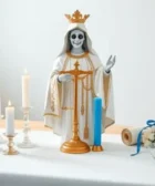 Oración Poderosa a la Santa Muerte Blanca para Casos Difíciles: Una estatua de la Santa Muerte Blanca con una corona dorada, rodeada de velas blancas y azules encendidas, sobre un altar con un recipiente decorativo, una cinta azul y un pergamino enrollado.