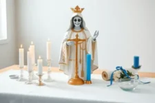 Oración Poderosa a la Santa Muerte Blanca para Casos Difíciles: Una estatua de la Santa Muerte Blanca con una corona dorada, rodeada de velas blancas y azules encendidas, sobre un altar con un recipiente decorativo, una cinta azul y un pergamino enrollado.