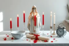 Oración Poderosa a la Santa Muerte Blanca para Pedir un Favor Urgente: Una estatua de la Santa Muerte Blanca rodeada por seis velas, alternando entre rojas y blancas, un reloj de metal y una ofrenda con pétalos sobre una mesa blanca.