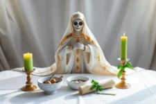 Oración Poderosa a la Santa Muerte Blanca para el Trabajo: Una estatua de la Santa Muerte Blanca adornada con detalles dorados, acompañada de dos velas verdes encendidas, un recipiente con herramientas de trabajo, y rollos de papel atados con cintas verdes sobre un altar cubierto con mantel blanco.