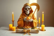 Oración Poderosa a la Santa Muerte Dorada: Una estatua de la Santa Muerte Dorada sosteniendo una esfera dorada, rodeada de monedas de oro en un altar blanco, decorado con velas doradas encendidas y un pergamino con lazo dorado.