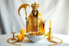 Oración Poderosa a la Santa Muerte Dorada para el Dinero: Una estatua de la Santa Muerte Dorada coronada, sosteniendo una guadaña adornada, con un gran bol blanco lleno de monedas doradas frente a ella. A su alrededor hay velas amarillas encendidas y ornamentos dorados sobre un altar blanco decorado con hojas verdes.