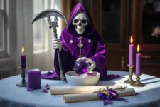 Oración Poderosa a la Santa Muerte Morada: Una estatua de la Santa Muerte Morada sosteniendo una guadaña decorada, con un cuenco blanco que contiene una esfera púrpura y rodeada de velas moradas encendidas y adornos, sobre un altar blanco decorado con listones morados.