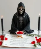 Oración Poderosa a la Santa Muerte Negra para Agradecer: Una estatua de la Santa Muerte Negra sosteniendo un bol con pétalos rojos, flanqueada por tres velas negras encendidas, un pergamino con lazo dorado, pétalos rojos y ramas verdes decorativas, en un altar blanco iluminado.