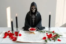 Oración Poderosa a la Santa Muerte Negra para Agradecer: Una estatua de la Santa Muerte Negra sosteniendo un bol con pétalos rojos, flanqueada por tres velas negras encendidas, un pergamino con lazo dorado, pétalos rojos y ramas verdes decorativas, en un altar blanco iluminado.