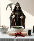 Oración Poderosa a la Santa Muerte Negra para Casos Difíciles: Una estatua de la Santa Muerte Negra sosteniendo una guadaña, acompañada de dos cuencos blancos, tres velas negras encendidas y un pergamino con cinta roja sobre un altar blanco iluminado por luz natural.