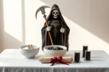 Oración Poderosa a la Santa Muerte Negra para Casos Difíciles: Una estatua de la Santa Muerte Negra sosteniendo una guadaña, acompañada de dos cuencos blancos, tres velas negras encendidas y un pergamino con cinta roja sobre un altar blanco iluminado por luz natural.