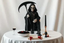 Oración Poderosa a la Santa Muerte Negra para Dominar un Hombre: Una estatua de la Santa Muerte Negra con una guadaña, un bol con pétalos negros y rojos, figuras de hombres en miniatura y un pergamino con cinta roja, rodeada de dos velas negras encendidas sobre un altar blanco.