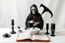 Oración Poderosa a la Santa Muerte Negra para Protección: Una estatua de la Santa Muerte Negra sosteniendo una guadaña, rodeada de tres velas negras encendidas, un cuenco blanco con sal y hojas oscuras, junto a un libro abierto, sobre un altar blanco.