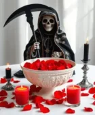 Oración Poderosa a la Santa Muerte Negra para que Me Busque: Una estatua de la Santa Muerte Negra sosteniendo una guadaña, rodeada de pétalos de rosa rojos, dos velas negras encendidas, un frasco negro y un bol con pétalos rojos, en un altar blanco.