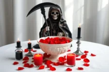 Oración Poderosa a la Santa Muerte Negra para que Me Busque: Una estatua de la Santa Muerte Negra sosteniendo una guadaña, rodeada de pétalos de rosa rojos, dos velas negras encendidas, un frasco negro y un bol con pétalos rojos, en un altar blanco.