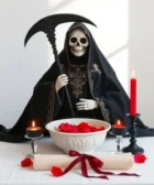 Oración Poderosa a la Santa Muerte Negra para que Regrese: Una estatua de la Santa Muerte Negra con una guadaña, acompañada de dos velas negras y una roja encendidas, un bol blanco con pétalos rojos, y un pergamino con cinta roja, sobre un altar blanco.