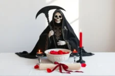 Oración Poderosa a la Santa Muerte Negra para que Regrese: Una estatua de la Santa Muerte Negra con una guadaña, acompañada de dos velas negras y una roja encendidas, un bol blanco con pétalos rojos, y un pergamino con cinta roja, sobre un altar blanco.