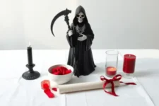 Oración Poderosa a la Santa Muerte Negra para que me Llame: Una estatua de la Santa Muerte Negra sosteniendo una guadaña, acompañada de una vela negra encendida, un bol con pétalos rojos, un pergamino con cinta roja y una vela roja en un altar blanco.