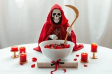 Oración Poderosa a la Santa Muerte Roja para Dominar: Una estatua de la Santa Muerte Roja sosteniendo una guadaña dorada, rodeada de velas rojas encendidas, un bol blanco lleno de pétalos rojos y un pergamino atado con cinta negra, en un altar decorado con pétalos de rosa.