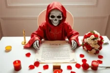 Oración Poderosa a la Santa Muerte Roja para Pedir un Favor: Una estatua de la Santa Muerte Roja vestida con una túnica roja ornamentada. En el altar hay una hoja con oraciones rodeada de pétalos rojos y pequeños candelabros con velas encendidas en tonos rojo y dorado. Al lado, un ramo de rosas rojas y blancas.