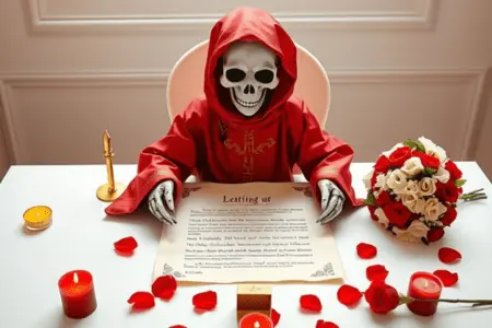 Oración a la Santa Muerte Roja para Pedir un Favor 5 Oración Poderosa a la Santa Muerte Roja para Pedir un Favor: Una estatua de la Santa Muerte Roja vestida con una túnica roja ornamentada. En el altar hay una hoja con oraciones rodeada de pétalos rojos y pequeños candelabros con velas encendidas en tonos rojo y dorado. Al lado, un ramo de rosas rojas y blancas.
