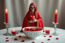 Oración Poderosa a la Santa Muerte Roja para el Amor: Una estatua de la Santa Muerte Roja sosteniendo un corazón, rodeada de cuatro velas rojas encendidas y pétalos de rosa rojos, sobre un altar blanco con un bol lleno de pétalos.