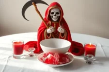 Oración Poderosa a la Santa Muerte Roja para que Me Busque: Una estatua de la Santa Muerte Roja sosteniendo una guadaña ornamentada, colocada detrás de un bol blanco lleno de cera o gelatina roja, rodeada de dos velas rojas encendidas en soportes de cristal, sobre un altar blanco sencillo.