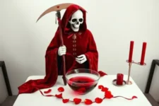 Oración Poderosa a la Santa Muerte Roja para que Me Llame: Una estatua de la Santa Muerte Roja sosteniendo una guadaña adornada, con un recipiente de vidrio lleno de líquido rojo frente a ella, rodeado de pétalos rojos y dos velas encendidas, sobre un altar blanco.