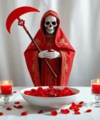 Oración Poderosa a la Santa Muerte Roja para que Regrese: Una estatua de la Santa Muerte Roja sosteniendo una guadaña decorativa, acompañada de un bol blanco con pétalos rojos, dos velas rojas encendidas, y pétalos dispersos sobre un altar blanco.