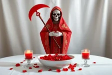 Oración Poderosa a la Santa Muerte Roja para que Regrese: Una estatua de la Santa Muerte Roja sosteniendo una guadaña decorativa, acompañada de un bol blanco con pétalos rojos, dos velas rojas encendidas, y pétalos dispersos sobre un altar blanco.