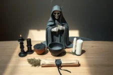 Oración Poderosa a la Santa Muerte para Enamorar a un Hombre: Estatua de la Santa Muerte sosteniendo un corazón, rodeada de pétalos y velas rojas, con un bol al frente decorado con palitos de canela en un altar blanco.