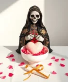 Oración Poderosa a la Santa Muerte para Atraer el Amor: Estatua de la Santa Muerte sosteniendo un corazón rosado, con un recipiente de pétalos rosados y velas rosas en un altar blanco.