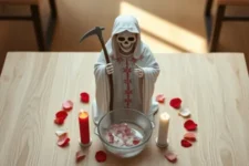 Oración Poderosa a la Santa Muerte para Recuperar el Amor Perdido: Estatua blanca de la Santa Muerte con guadaña, rodeada de pétalos rojos y velas encendidas, junto a un recipiente de vidrio con agua y cristales rosados sobre una mesa de madera.