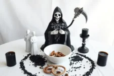 Oración Poderosa a la Santa Muerte para Separar a Dos Personas: Una estatua de la Santa Muerte Negra con guadaña, frente a dos figuras humanas blancas. A su alrededor, velas negras encendidas y un bol blanco con madera seca, sobre un altar decorado con semillas negras.