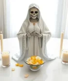 Oración Poderosa a la Santa Niña Blanca para Dar Gracias: Una figura de la Santa Muerte en blanco, con tres velas blancas encendidas y un cuenco de pétalos amarillos, sobre una mesa iluminada por la luz natural.