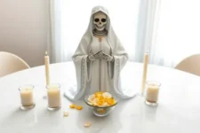 Oración Poderosa a la Santa Niña Blanca para Dar Gracias: Una figura de la Santa Muerte en blanco, con tres velas blancas encendidas y un cuenco de pétalos amarillos, sobre una mesa iluminada por la luz natural.