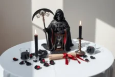 Oración Poderosa a la Santísima Muerte Negra para Desesperar: Una estatua de la Santa Muerte Negra con una guadaña y un reloj de arena, rodeada de dos velas negras encendidas, pétalos de rosa rojos y negros, y un pergamino con cinta roja, sobre un altar blanco.