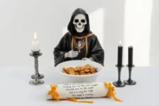 Oración Poderosa a la Santísima Muerte Negra para el Dinero: Una estatua de la Santa Muerte Negra, con tres velas negras encendidas, un pergamino con cinta amarilla, y un bol lleno de monedas doradas, sobre un altar blanco.