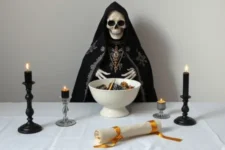 Oración Poderosa a la Santísima Muerte Negra para el Trabajo: Una estatua de la Santa Muerte Negra, flanqueada por cuatro velas negras encendidas, un bol blanco con herramientas y engranajes, y un pergamino con cinta dorada sobre un altar blanco.