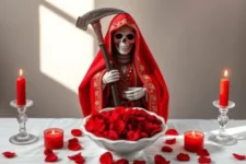 Oración Poderosa a la Santísima Muerte Roja: Una estatua de la Santa Muerte Roja adornada con detalles dorados, sosteniendo una guadaña ornamentada, rodeada de pétalos de rosas rojas y velas encendidas en un altar blanco.