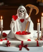 Oración Poderosa a la Santísima Muerte para Dominar un Amor: Estatua de la Santa Muerte en blanco, sosteniendo un corazón y una guadaña dorada, rodeada de velas blancas encendidas, pétalos de rosas rojas, un bol blanco y pergaminos con lazos rojos sobre un altar.