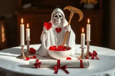 Oración Poderosa a la Santísima Muerte para Dominar un Amor: Estatua de la Santa Muerte en blanco, sosteniendo un corazón y una guadaña dorada, rodeada de velas blancas encendidas, pétalos de rosas rojas, un bol blanco y pergaminos con lazos rojos sobre un altar.