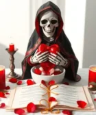 Oración Poderosa a la Santísima Muerte para el Amor Imposible: Una figura de la Santa Muerte negra con un corazón rojo, rodeada de pétalos y velas rojas sobre un altar blanco con un libro abierto al frente.