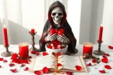 Oración Poderosa a la Santísima Muerte para el Amor Imposible: Una figura de la Santa Muerte negra con un corazón rojo, rodeada de pétalos y velas rojas sobre un altar blanco con un libro abierto al frente.