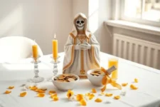 Oración Poderosa de Dinero a la Santa Muerte Blanca: Una estatua de la Santa Muerte Blanca con dos velas amarillas encendidas, dos tazones con monedas doradas y pétalos amarillos decorando un altar blanco.