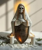 Oración Poderosa de Protección de la Santa Muerte Blanca: Una estatua de la Santa Muerte Blanca iluminada por un halo dorado, con un escudo detallado frente a ella, flanqueada por dos velas blancas encendidas y decorada con ramas verdes y pétalos blancos.