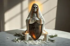 Oración Poderosa de Protección de la Santa Muerte Blanca: Una estatua de la Santa Muerte Blanca iluminada por un halo dorado, con un escudo detallado frente a ella, flanqueada por dos velas blancas encendidas y decorada con ramas verdes y pétalos blancos.