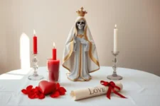 Oración Poderosa para el Amor a la Santa Muerte Blanca: Una estatua de la Santa Muerte Blanca con una corona dorada, acompañada de velas rojas y blancas encendidas, un corazón rojo decorativo y un pergamino con la palabra "Love", sobre un altar blanco.