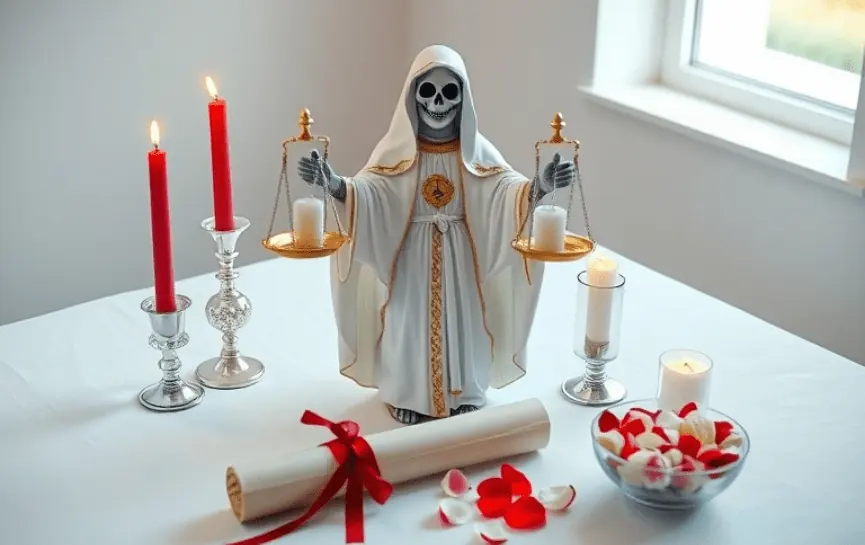 Oración a la Santa Muerte Blanca para Pedir un Favor Urgente: Una estatua de la Santa Muerte Blanca sosteniendo una balanza dorada con una vela encendida, acompañada de dos velas rojas, un bol con pétalos de rosa y un pergamino con lazo rojo sobre un altar blanco.